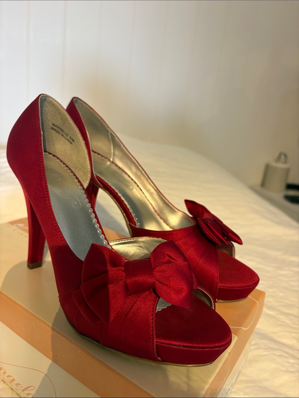 David's Bridal Red Satin Peep Toe Heels with Bow Accent